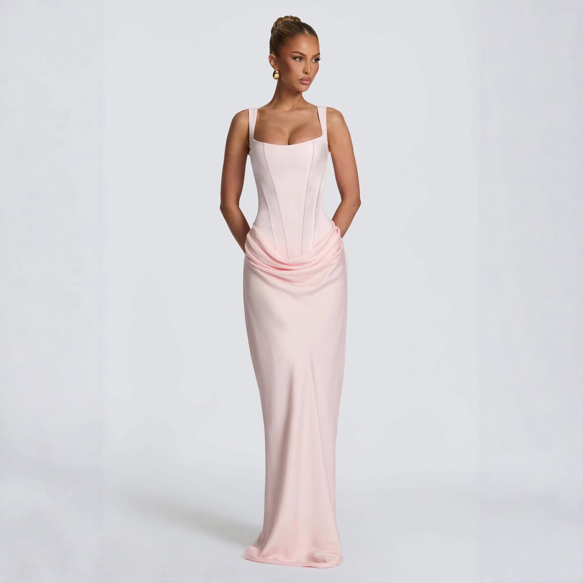 Women's Pleated Square-Neck Hip-Wrap Sleeveless Dress – Slim Sexy Fashion Dress | 7 Colours | XS–XL