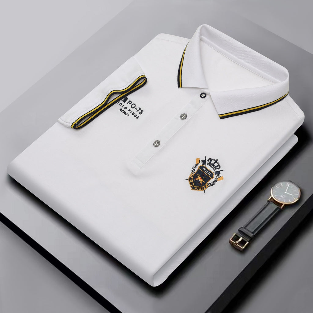 Men's Classic Embroidered Cotton Short-Sleeve Polo - Casual Solid Color Lapel Shirt