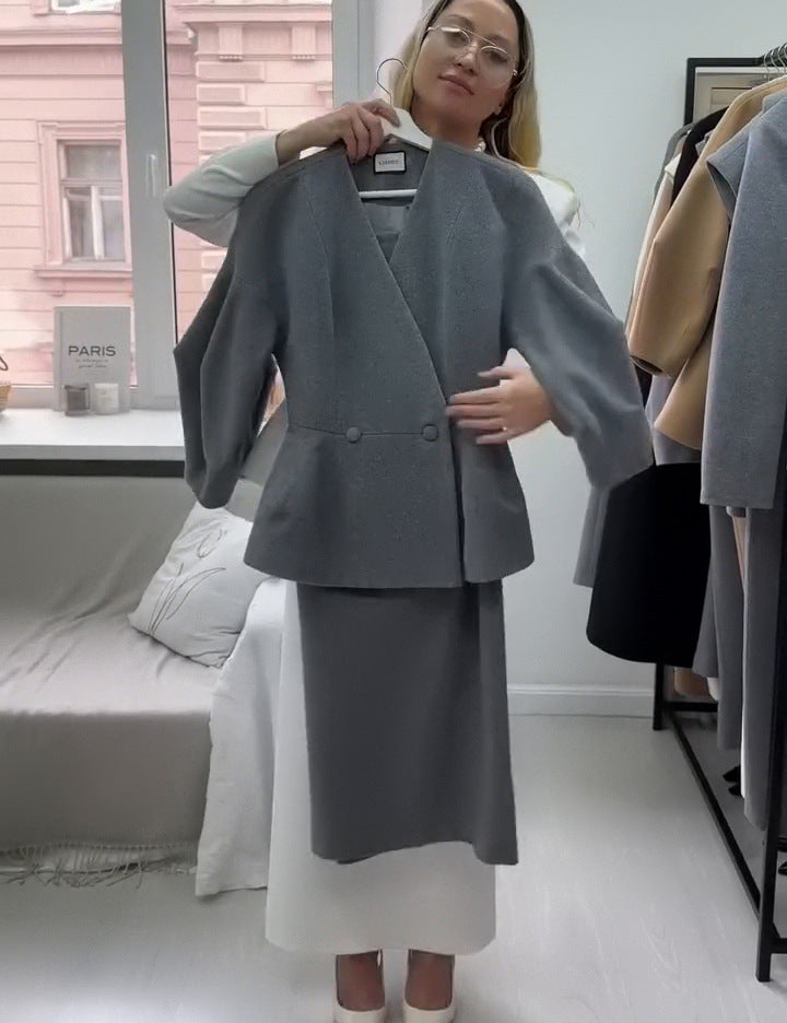 Women's Solid Color Button-Down Puff Sleeve Top & Skirt Set - Two-Piece Sophisticated Dress Suit