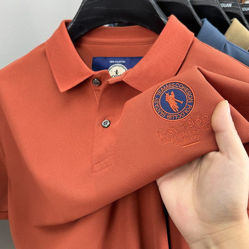 Men's Classic Embroidered Cotton Short-Sleeve Polo - Casual Solid Color Lapel Shirt