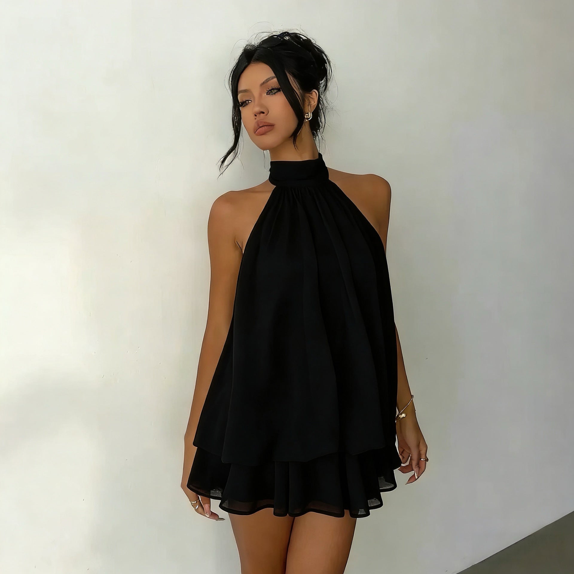 Women's Open-Back Halterneck Lace-Up Waist Puffy Mini Dress | XS–XXL