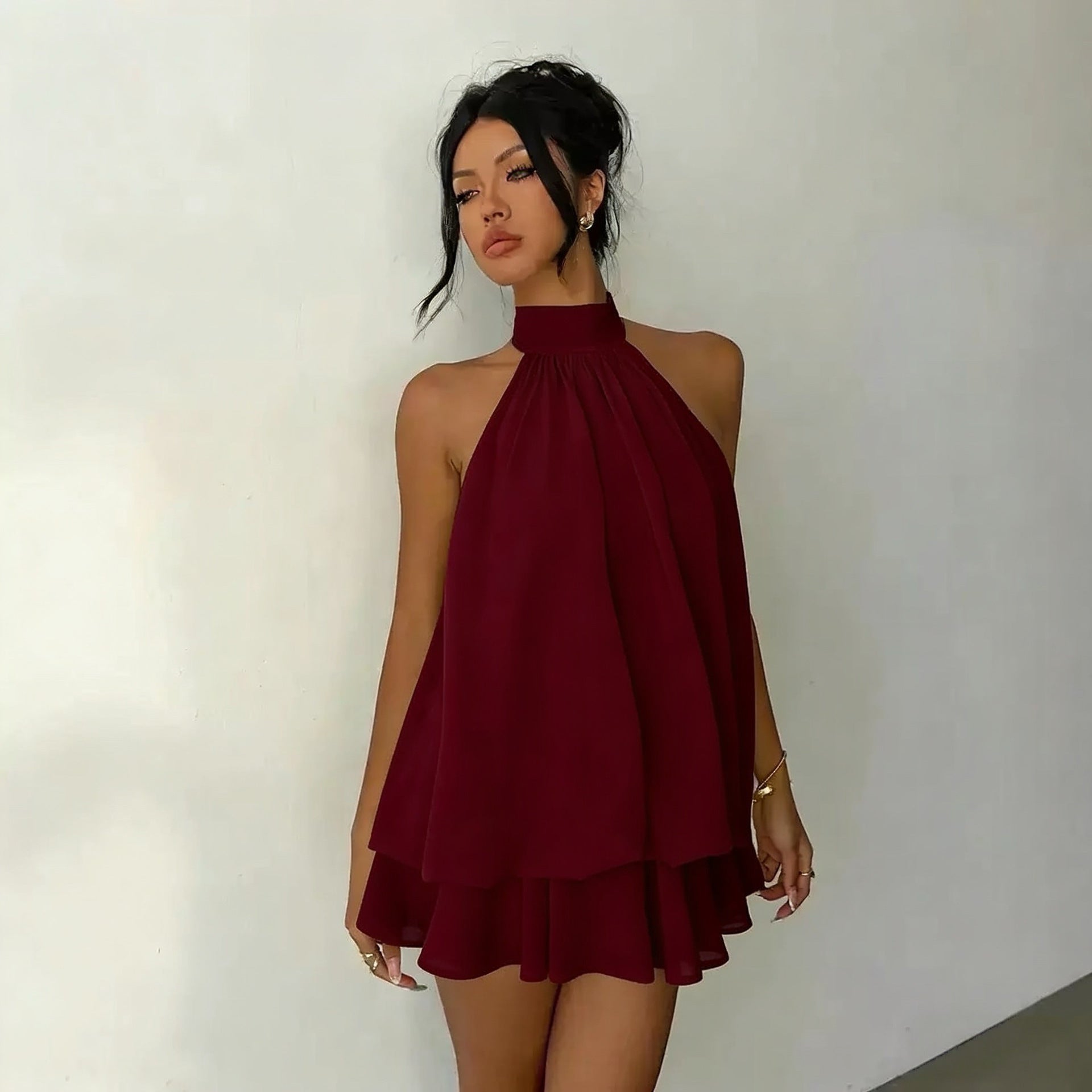 Women's Open-Back Halterneck Lace-Up Waist Puffy Mini Dress | XS–XXL