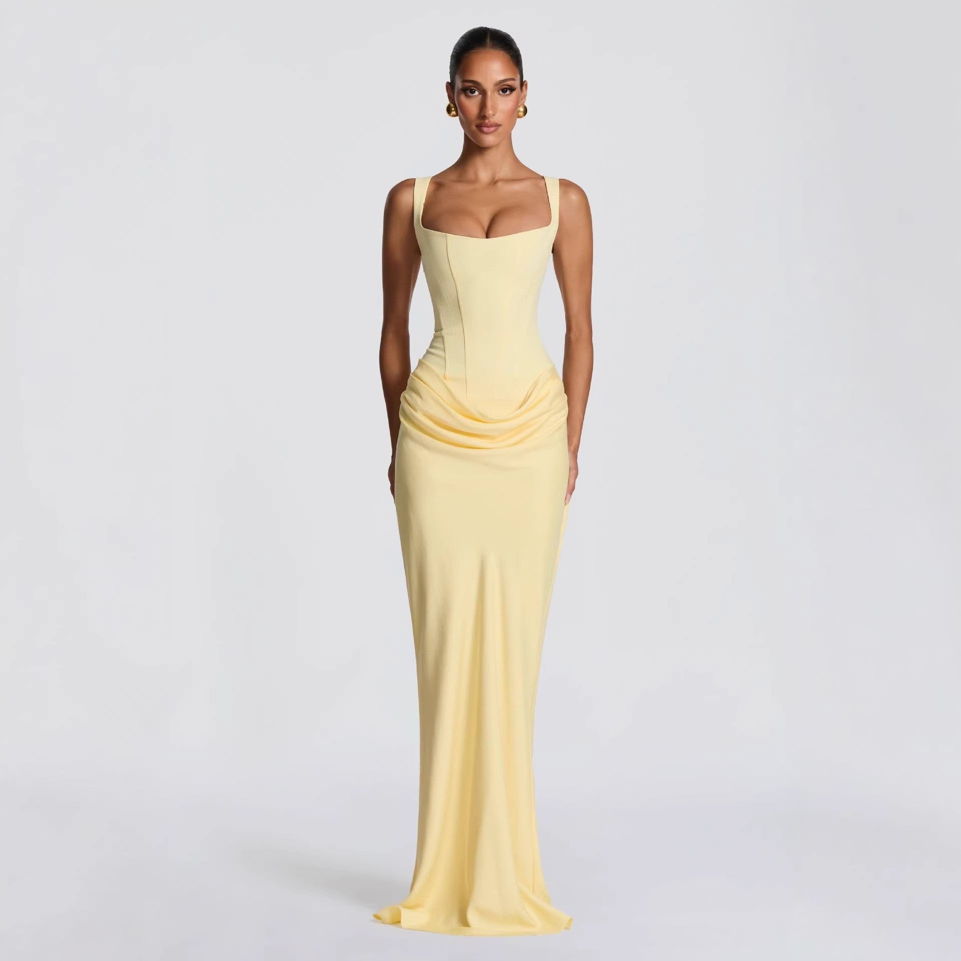 Women's Pleated Square-Neck Hip-Wrap Sleeveless Dress – Slim Sexy Fashion Dress | 7 Colours | XS–XL