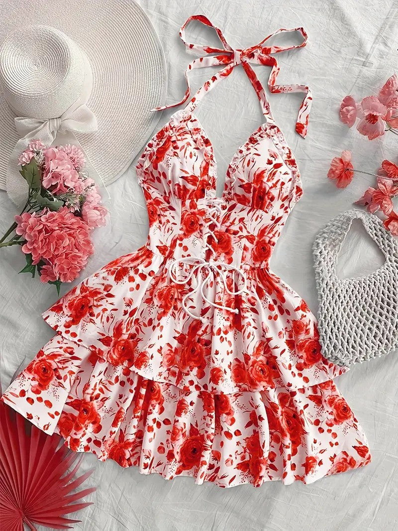 Women's Resort-Style Watercolour Rose Print Tie-Collar Dress – Retro Floral Summer Dress | 5 Colours | S–XXL