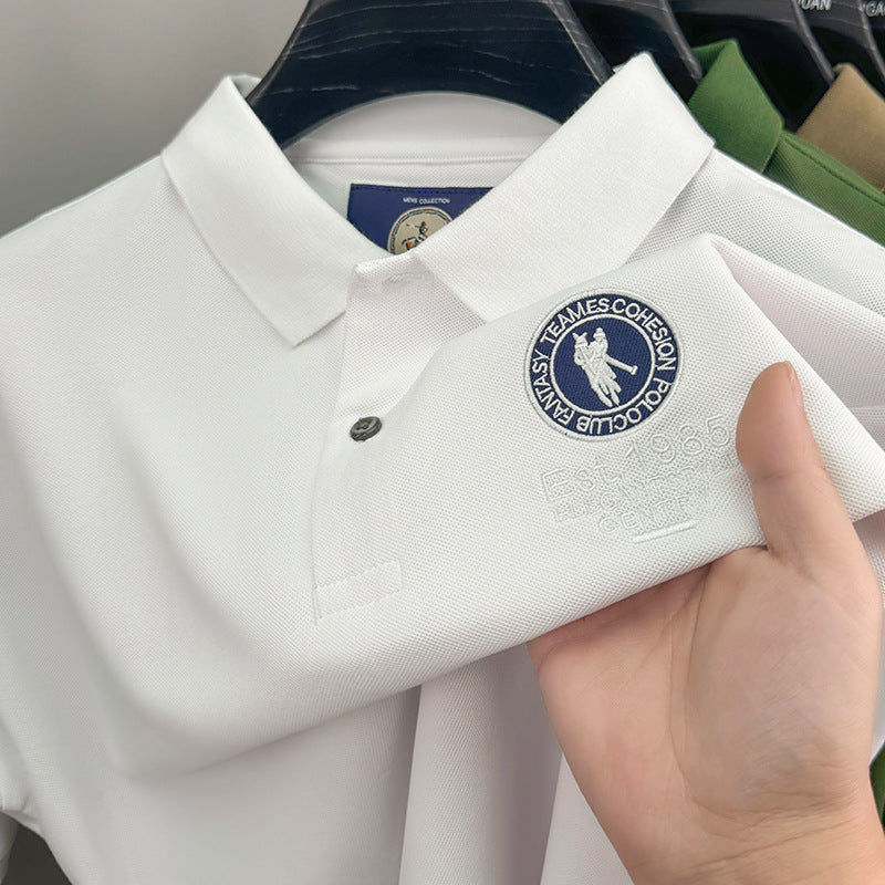 Men's Classic Embroidered Cotton Short-Sleeve Polo - Casual Solid Color Lapel Shirt