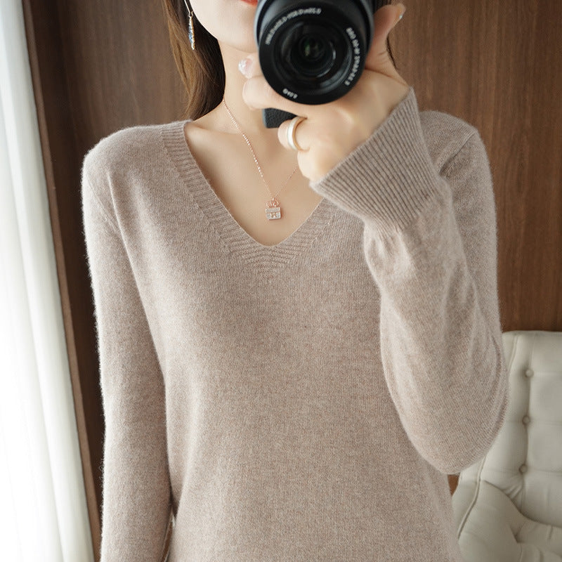 Optimized Title: Women's Classic Solid Color V-Neck Knitted Pullover - Lightweight Soft Base Layer Thin Sweater