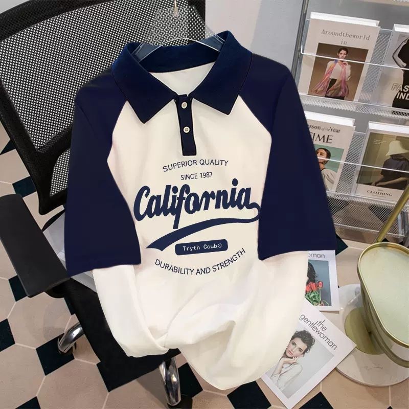 Women's American Retro Contrast Raglan Sleeve Polo - Loose Fit Short-Sleeve Streetwear Tee