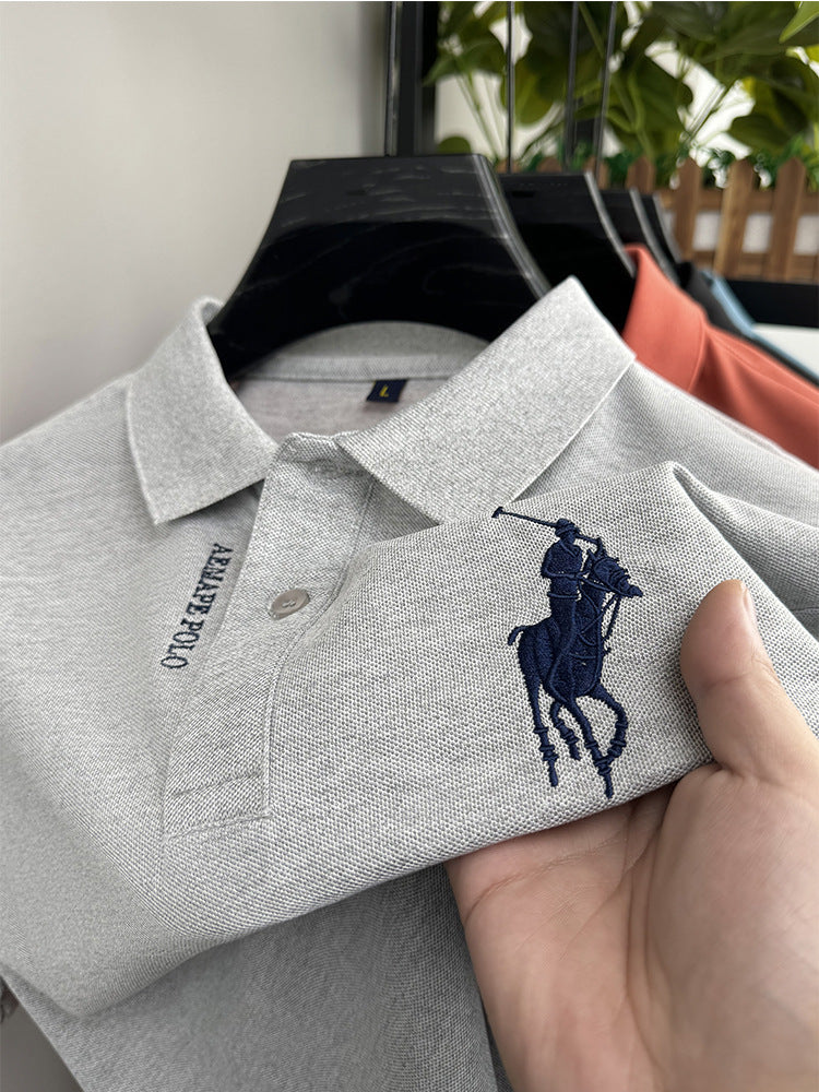 Men's Classic Embroidered Cotton Short-Sleeve Polo - Casual Solid Color Lapel Shirt