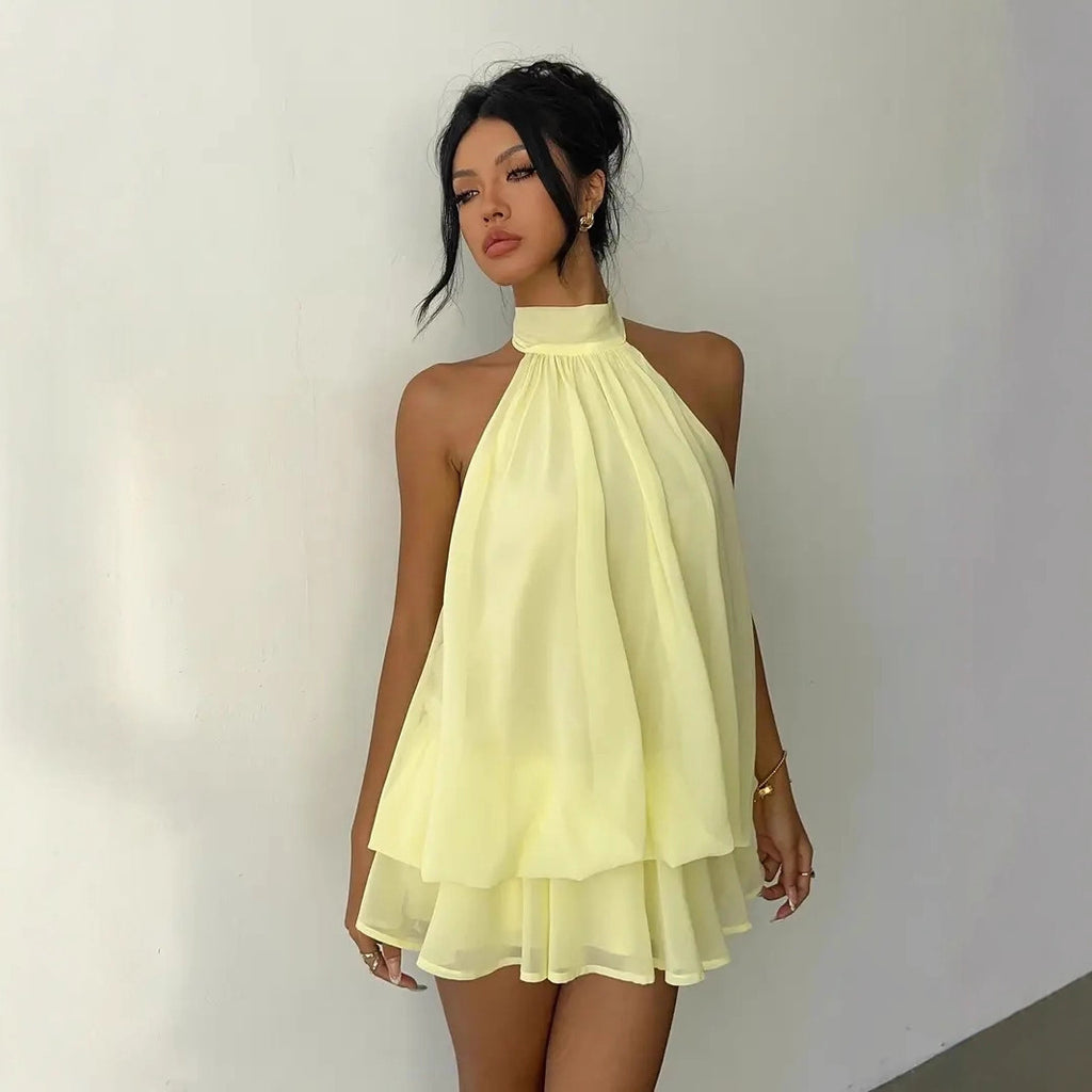 Women's Open-Back Halterneck Lace-Up Waist Puffy Mini Dress | XS–XXL