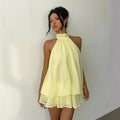 Women's Open-Back Halterneck Lace-Up Waist Puffy Mini Dress | XS–XXL