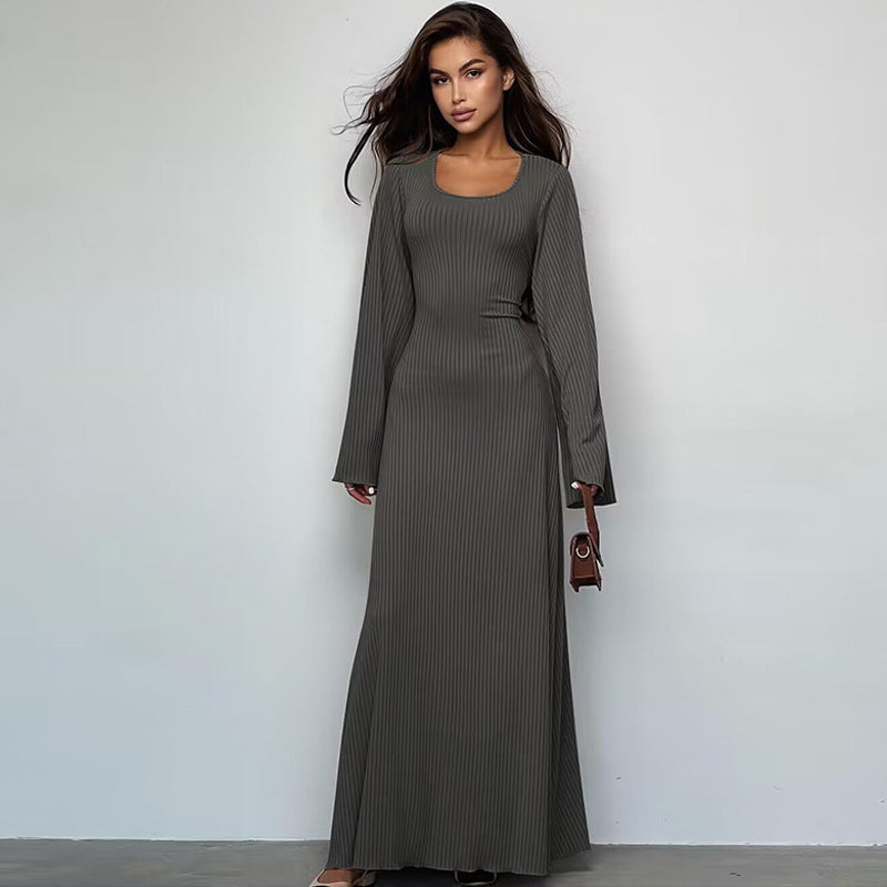 Women's U-Neck Long-Sleeve Lace-Up Back Dress | S–XXL