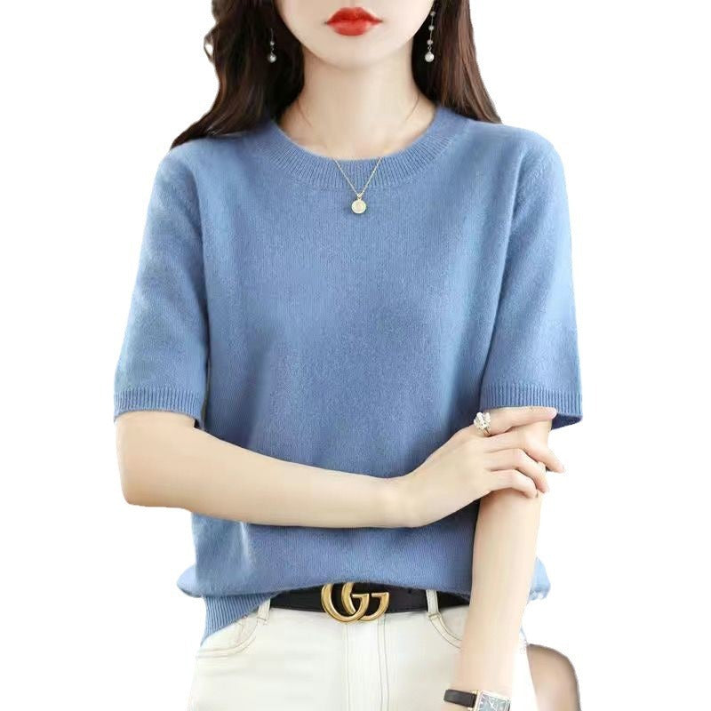 Women's Lightweight Round Neck Half-Sleeve Knitted Sweater - Versatile Slim Fit Base Layer