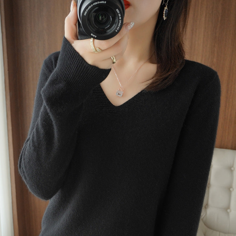 Optimized Title: Women's Classic Solid Color V-Neck Knitted Pullover - Lightweight Soft Base Layer Thin Sweater