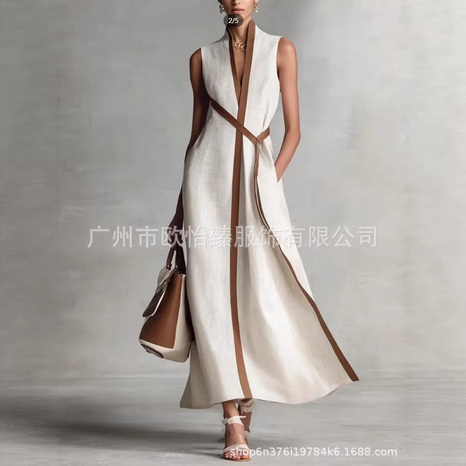Women's Stand-Up Collar Sleeveless Contrast Loose Dress | S–XXXL