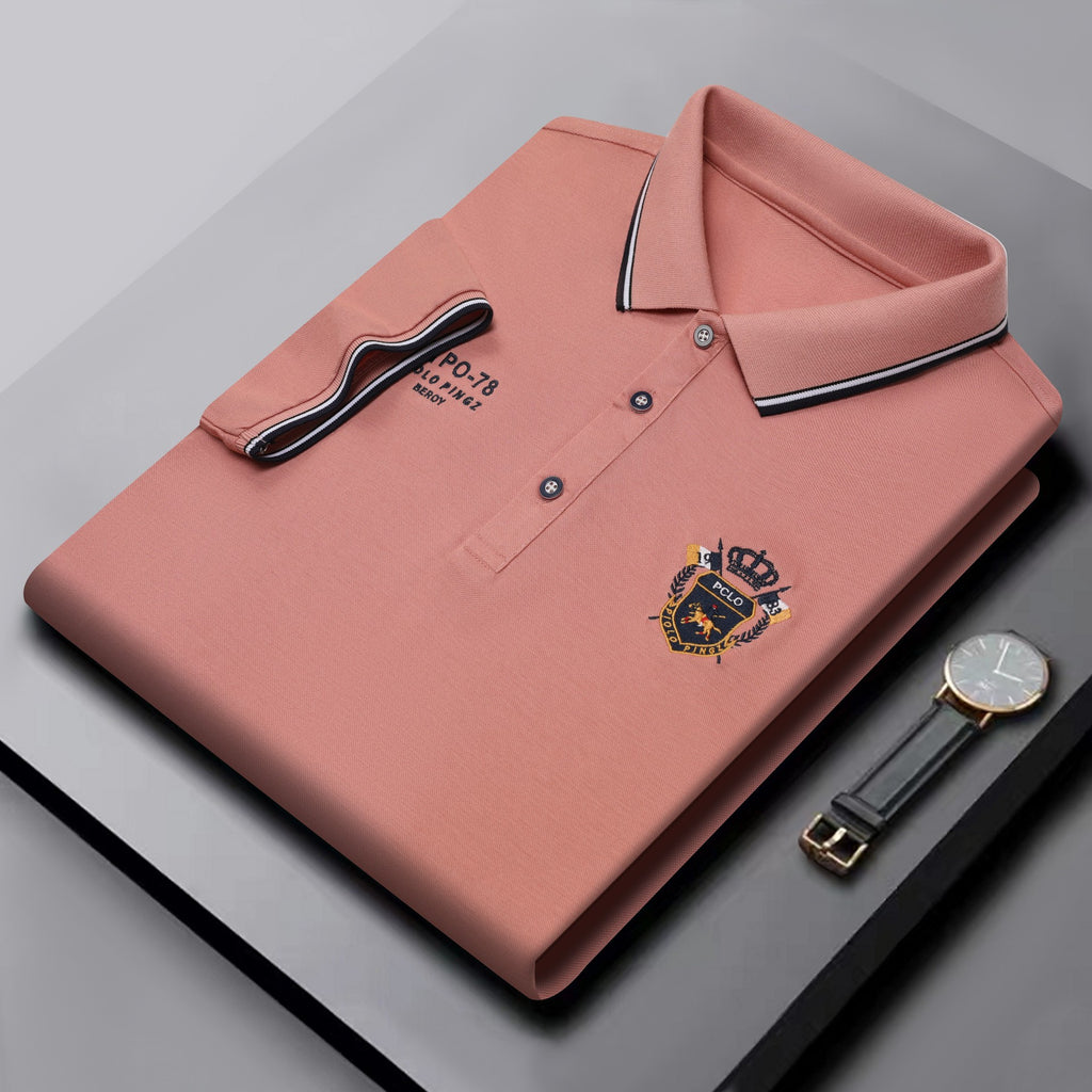 Men's Classic Embroidered Cotton Short-Sleeve Polo - Casual Solid Color Lapel Shirt