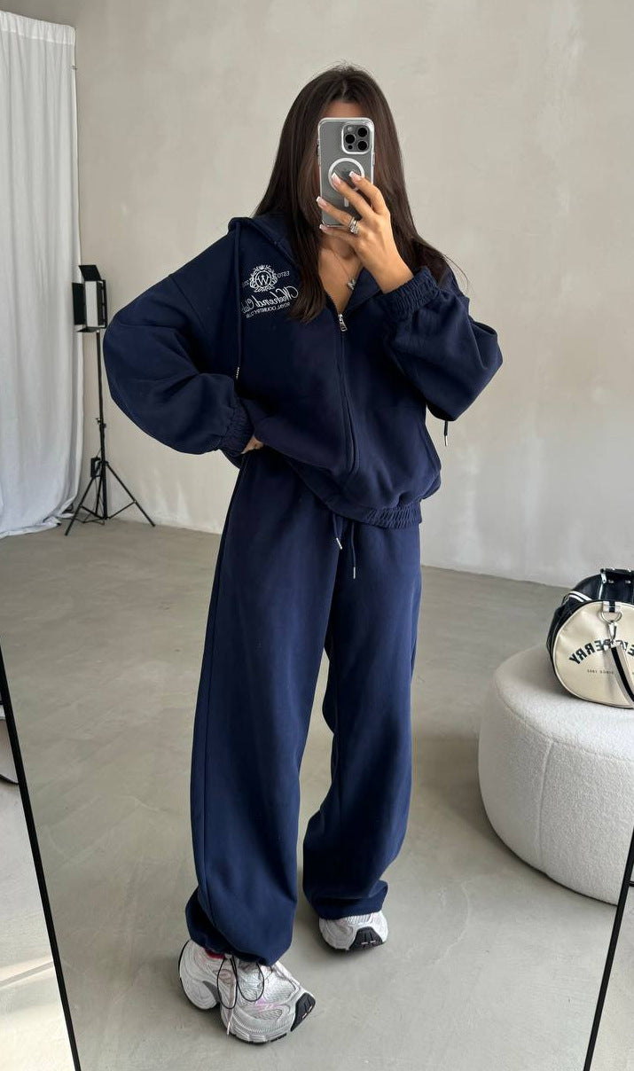 Women's Premium Embroidered Zipper Hoodie & Pants Set - Two-Piece Luxury Loungewear Suit