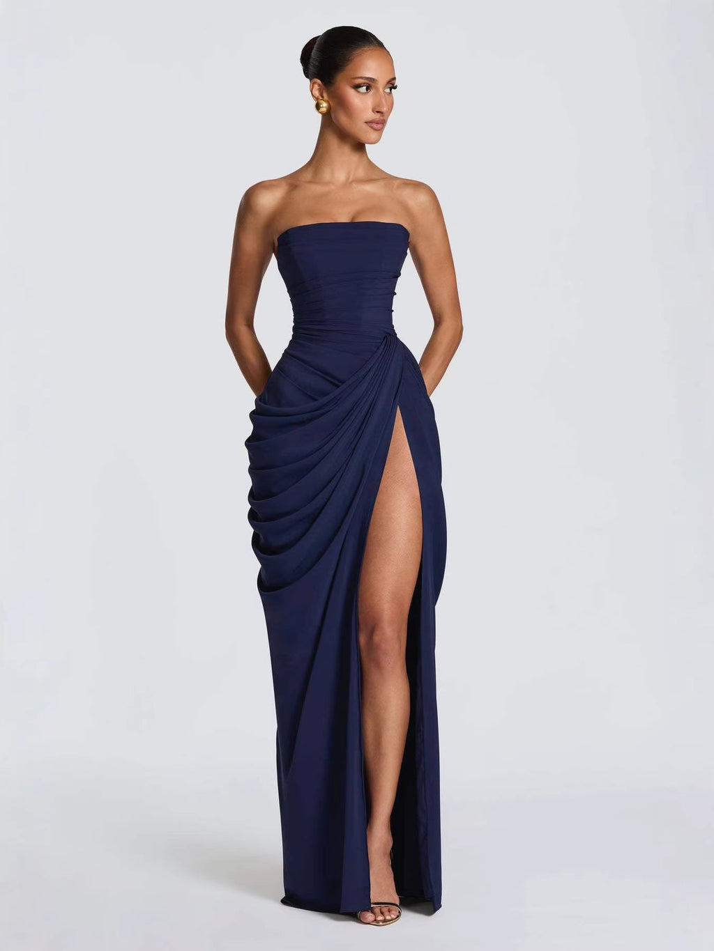 Women's Asymmetrical Pleated Bandeau High-Slit Dress | S–XL