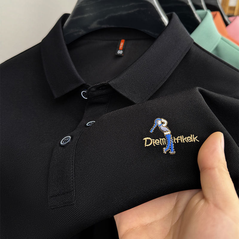 Men's Classic Embroidered Cotton Short-Sleeve Polo - Casual Solid Color Lapel Shirt