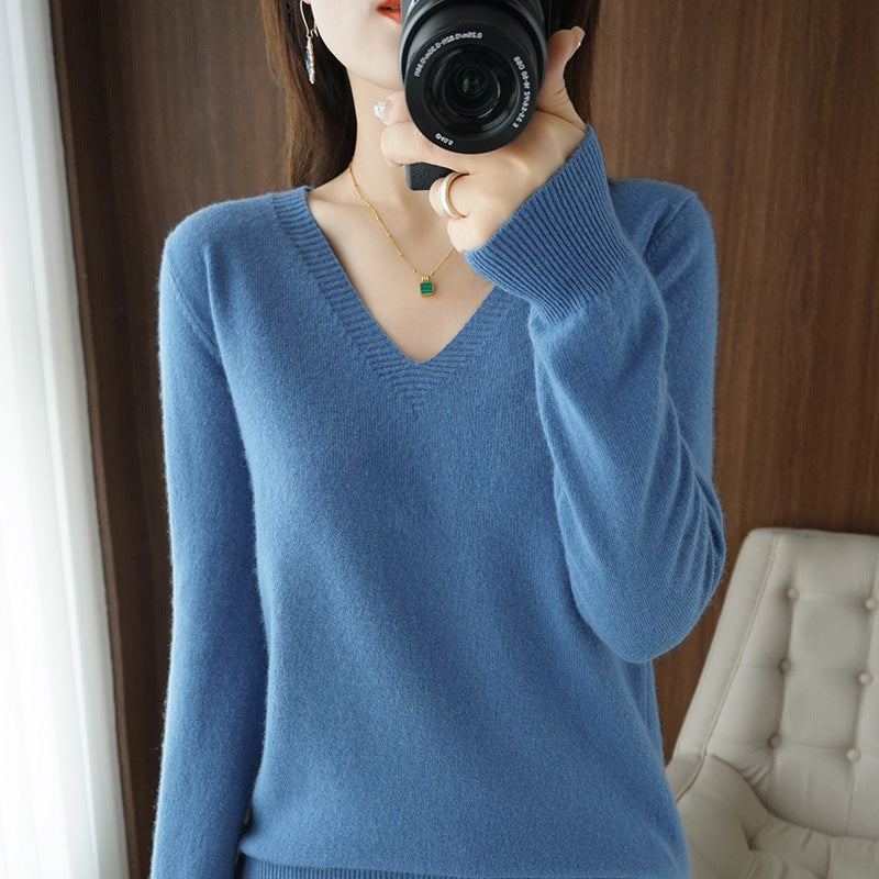 Optimized Title: Women's Classic Solid Color V-Neck Knitted Pullover - Lightweight Soft Base Layer Thin Sweater