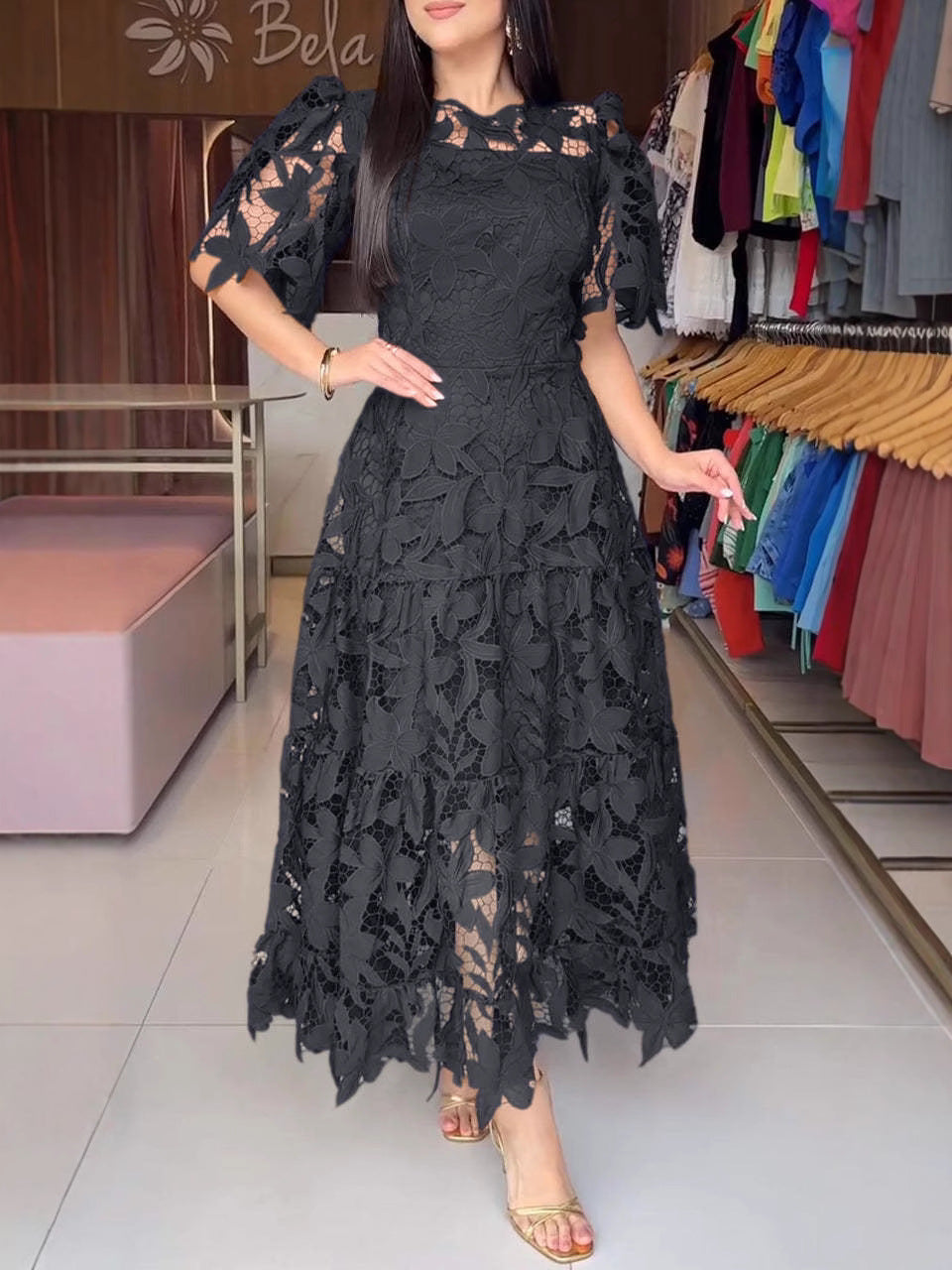 Women's Lace Hollow Crew-Neck Long Waist Dress | S–4XL