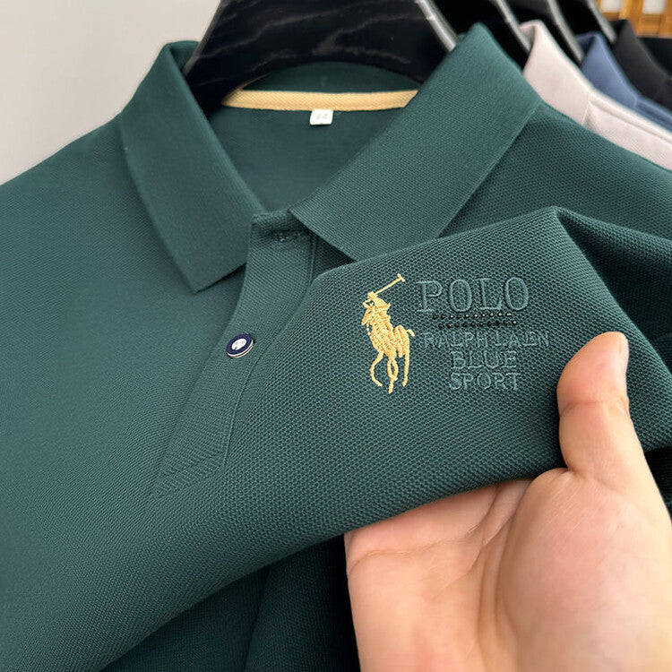 Men's Classic Embroidered Cotton Short-Sleeve Polo - Casual Solid Color Lapel Shirt