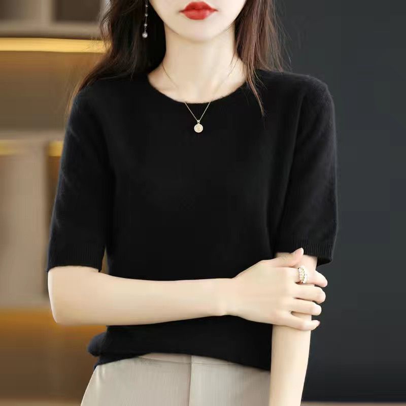 Women's Lightweight Round Neck Half-Sleeve Knitted Sweater - Versatile Slim Fit Base Layer