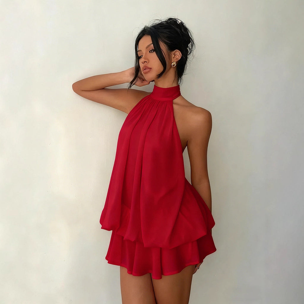 Women's Open-Back Halterneck Lace-Up Waist Puffy Mini Dress | XS–XXL