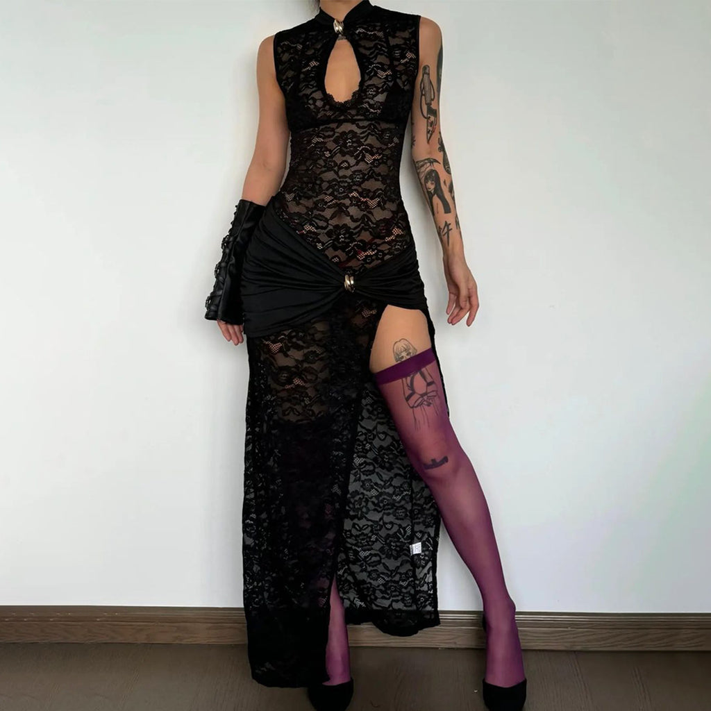 Women's Lace Cut-Out High-Slit Slim Sleeveless Dress – Sexy Fashion Evening Dress | Black, White & Red Wine | S–XXL