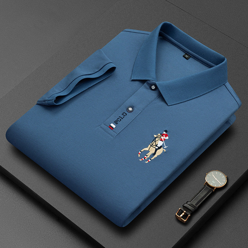 Men's Classic Embroidered Cotton Short-Sleeve Polo - Casual Solid Color Lapel Shirt