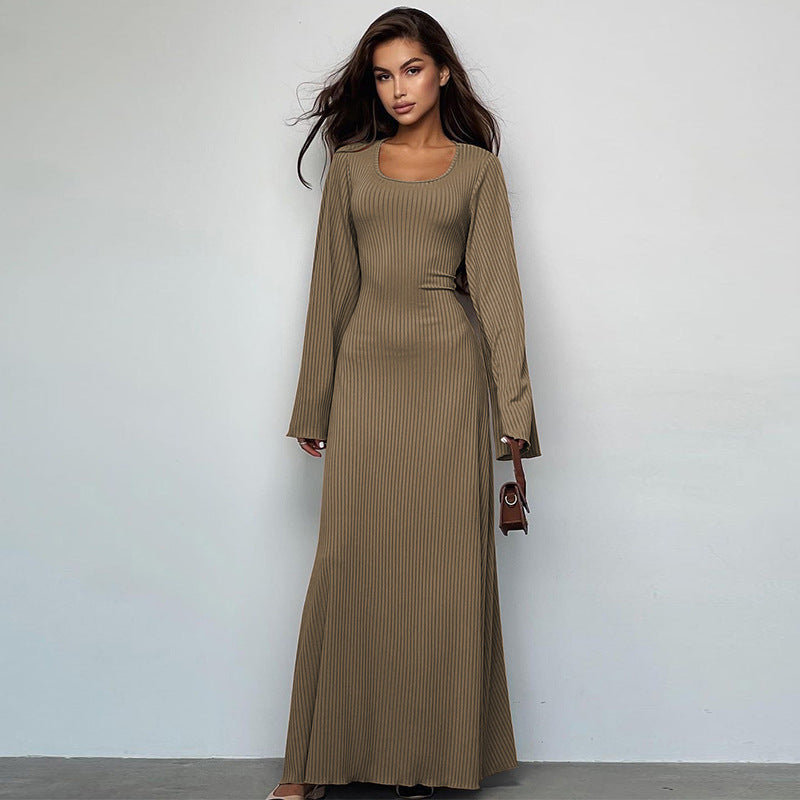 Women's U-Neck Long-Sleeve Lace-Up Back Dress | S–XXL