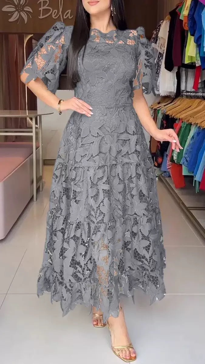Women's Lace Hollow Crew-Neck Long Waist Dress | S–4XL