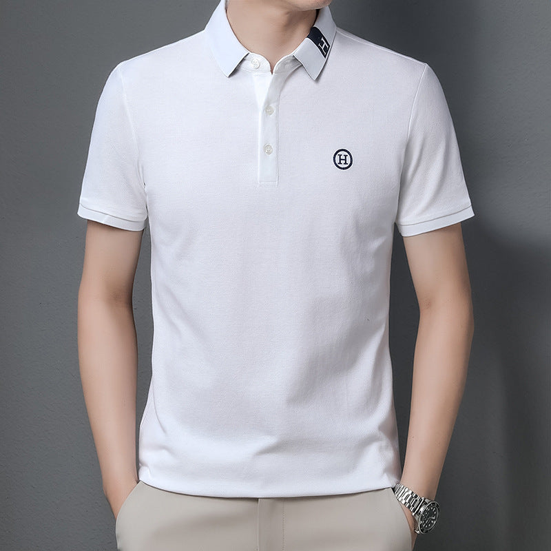 Men's Classic Embroidered Cotton Short-Sleeve Polo - Casual Solid Color Lapel Shirt