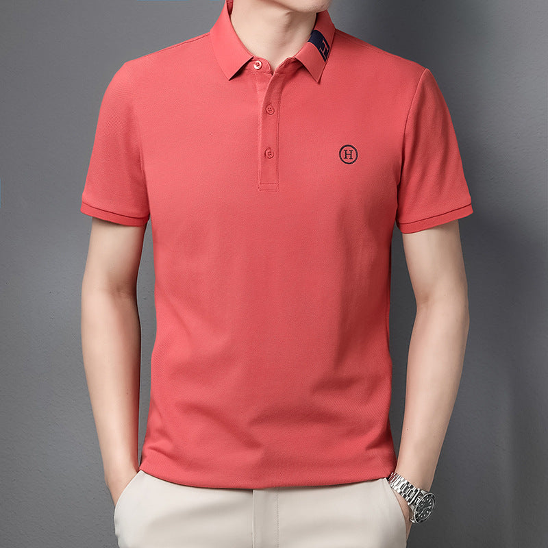 Men's Classic Embroidered Cotton Short-Sleeve Polo - Casual Solid Color Lapel Shirt
