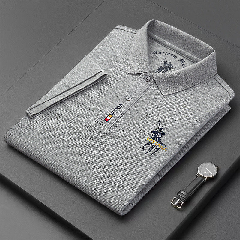 Men's Classic Embroidered Cotton Short-Sleeve Polo - Casual Solid Color Lapel Shirt