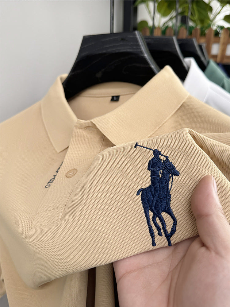 Men's Classic Embroidered Cotton Short-Sleeve Polo - Casual Solid Color Lapel Shirt