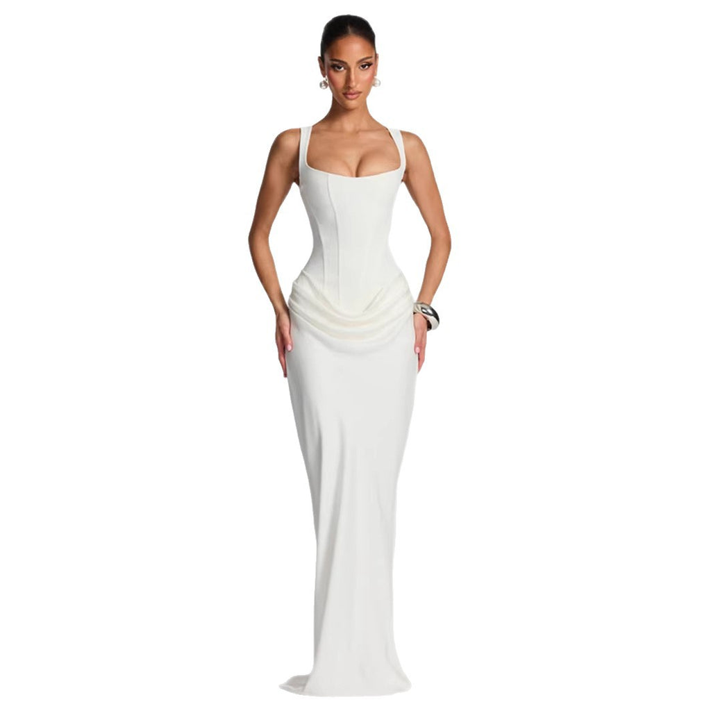 Women's Pleated Square-Neck Hip-Wrap Sleeveless Dress – Slim Sexy Fashion Dress | 7 Colours | XS–XL