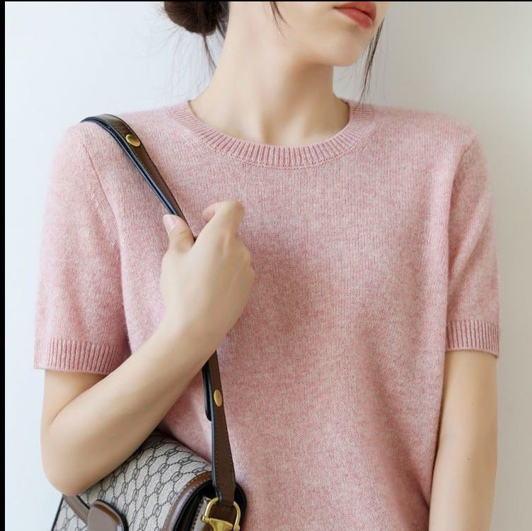Women's Lightweight Round Neck Half-Sleeve Knitted Sweater - Versatile Slim Fit Base Layer