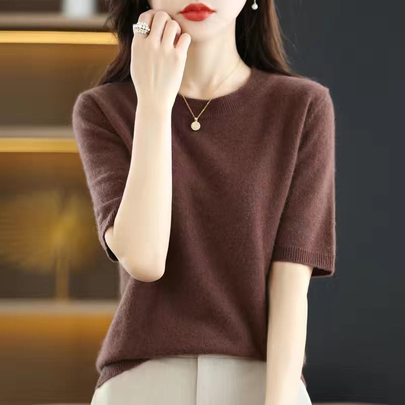 Women's Lightweight Round Neck Half-Sleeve Knitted Sweater - Versatile Slim Fit Base Layer