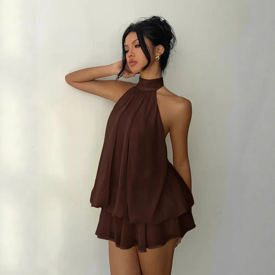 Women's Open-Back Halterneck Lace-Up Waist Puffy Mini Dress | XS–XXL