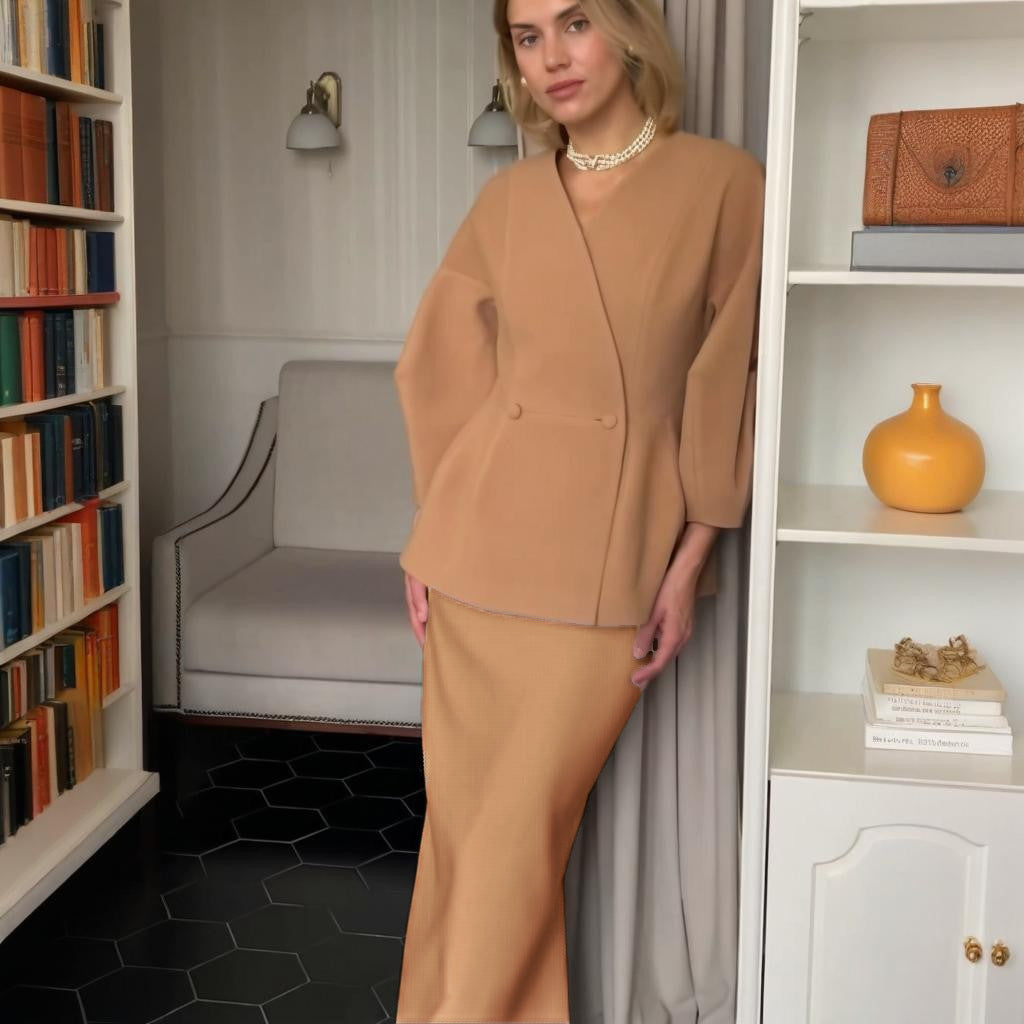Women's Solid Color Button-Down Puff Sleeve Top & Skirt Set - Two-Piece Sophisticated Dress Suit