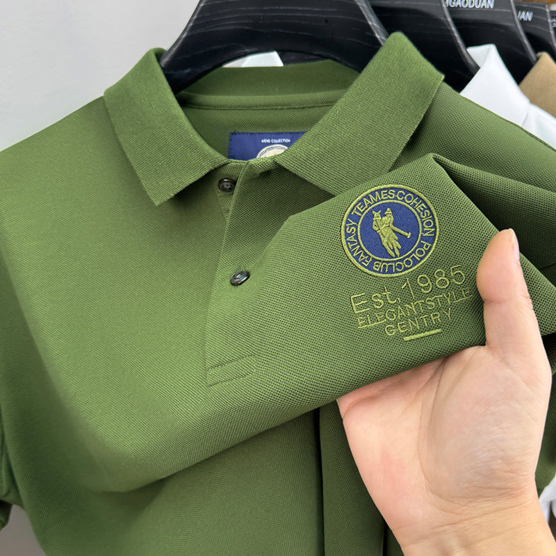Men's Classic Embroidered Cotton Short-Sleeve Polo - Casual Solid Color Lapel Shirt
