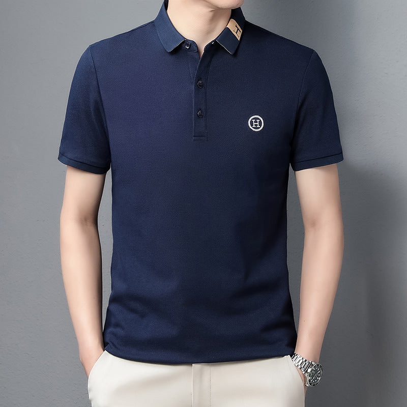 Men's Classic Embroidered Cotton Short-Sleeve Polo - Casual Solid Color Lapel Shirt