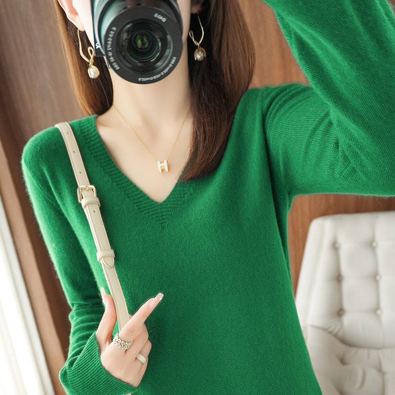 Optimized Title: Women's Classic Solid Color V-Neck Knitted Pullover - Lightweight Soft Base Layer Thin Sweater