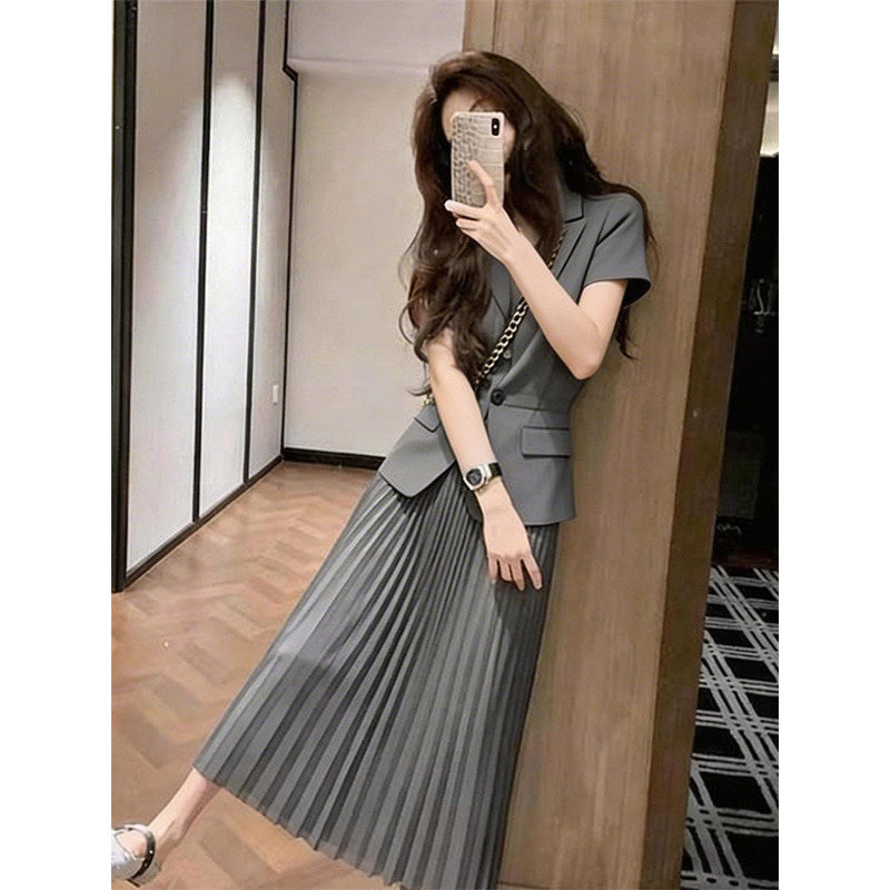 Women's Luxury Tailored Blazer & Skirt Set - Elegant Gray Two-Piece Office Suit