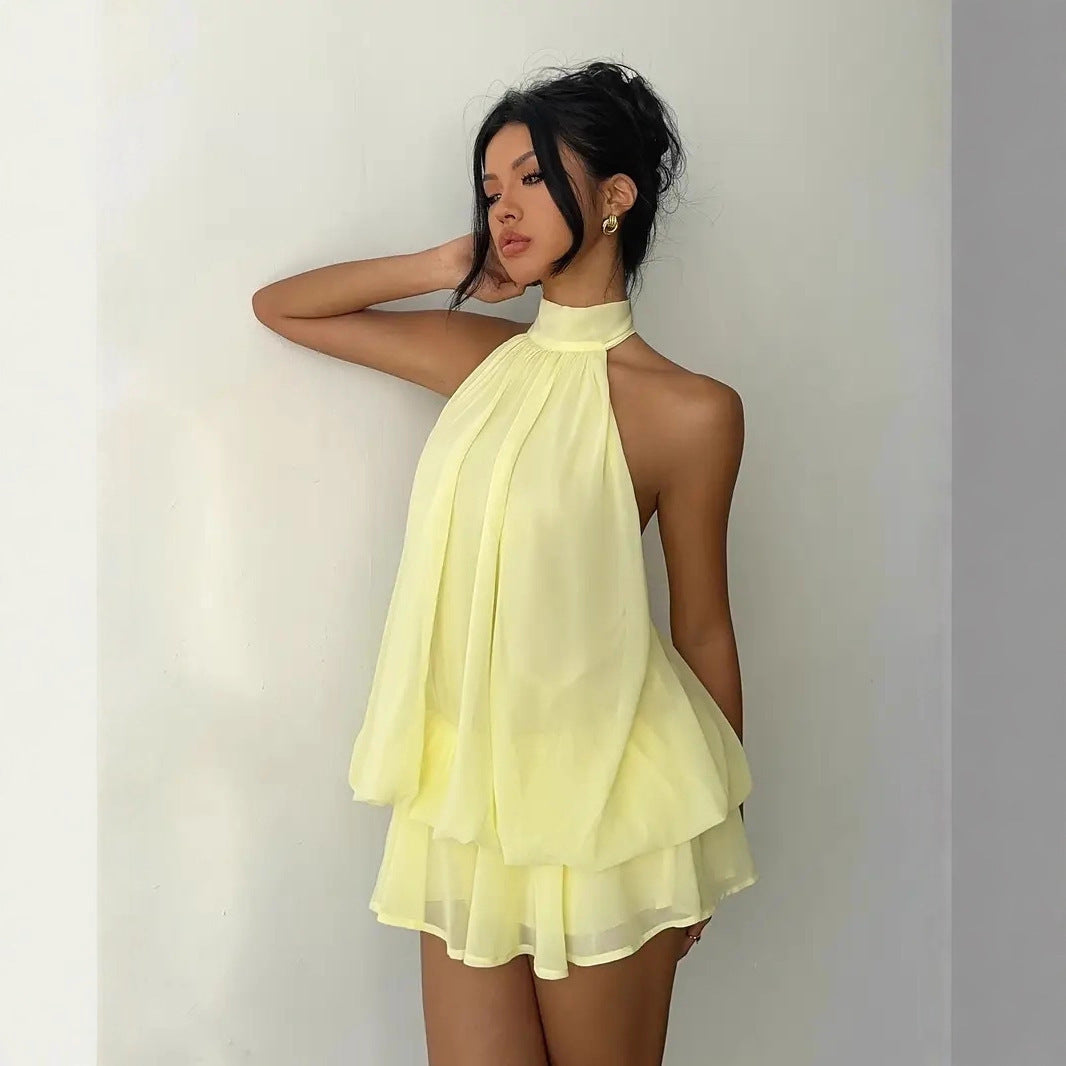 Women's Open-Back Halterneck Lace-Up Waist Puffy Mini Dress | XS–XXL