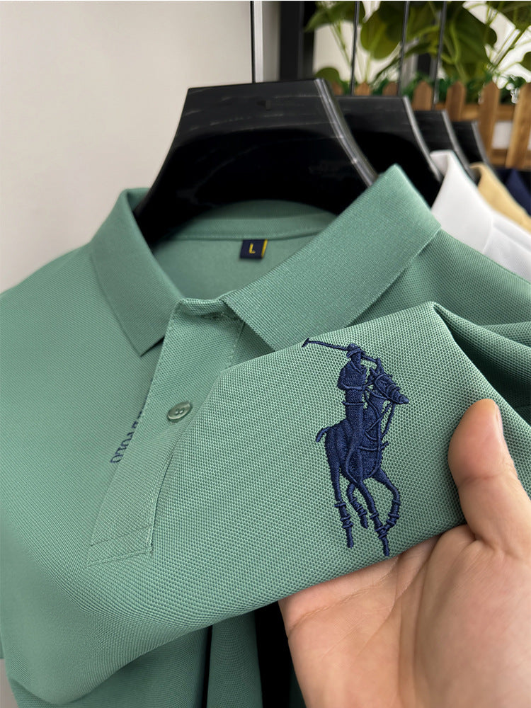 Men's Classic Embroidered Cotton Short-Sleeve Polo - Casual Solid Color Lapel Shirt
