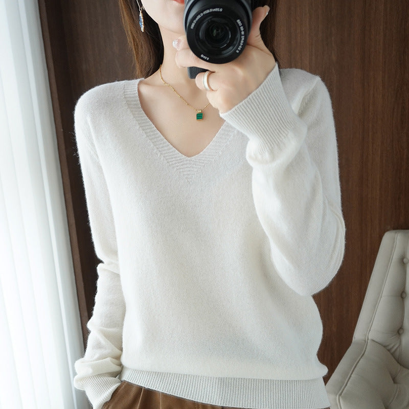 Optimized Title: Women's Classic Solid Color V-Neck Knitted Pullover - Lightweight Soft Base Layer Thin Sweater