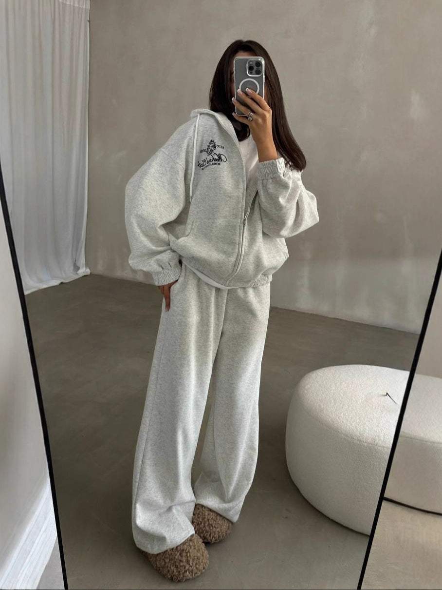 Women's Premium Embroidered Zipper Hoodie & Pants Set - Two-Piece Luxury Loungewear Suit