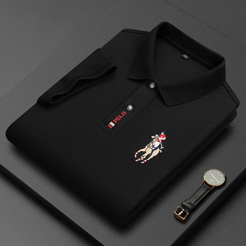 Men's Classic Embroidered Cotton Short-Sleeve Polo - Casual Solid Color Lapel Shirt