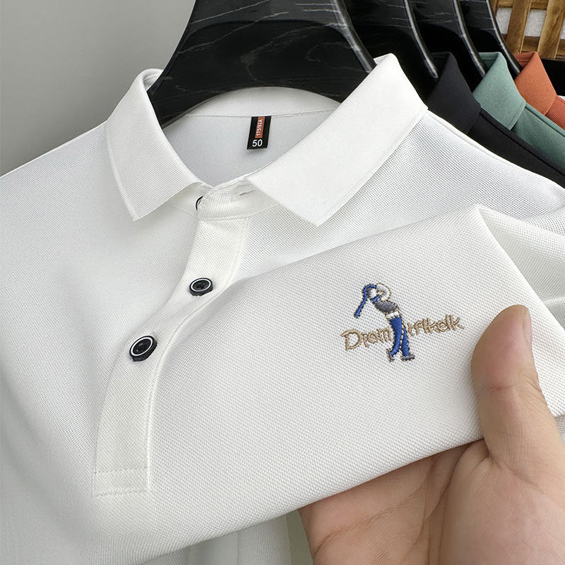 Men's Classic Embroidered Cotton Short-Sleeve Polo - Casual Solid Color Lapel Shirt